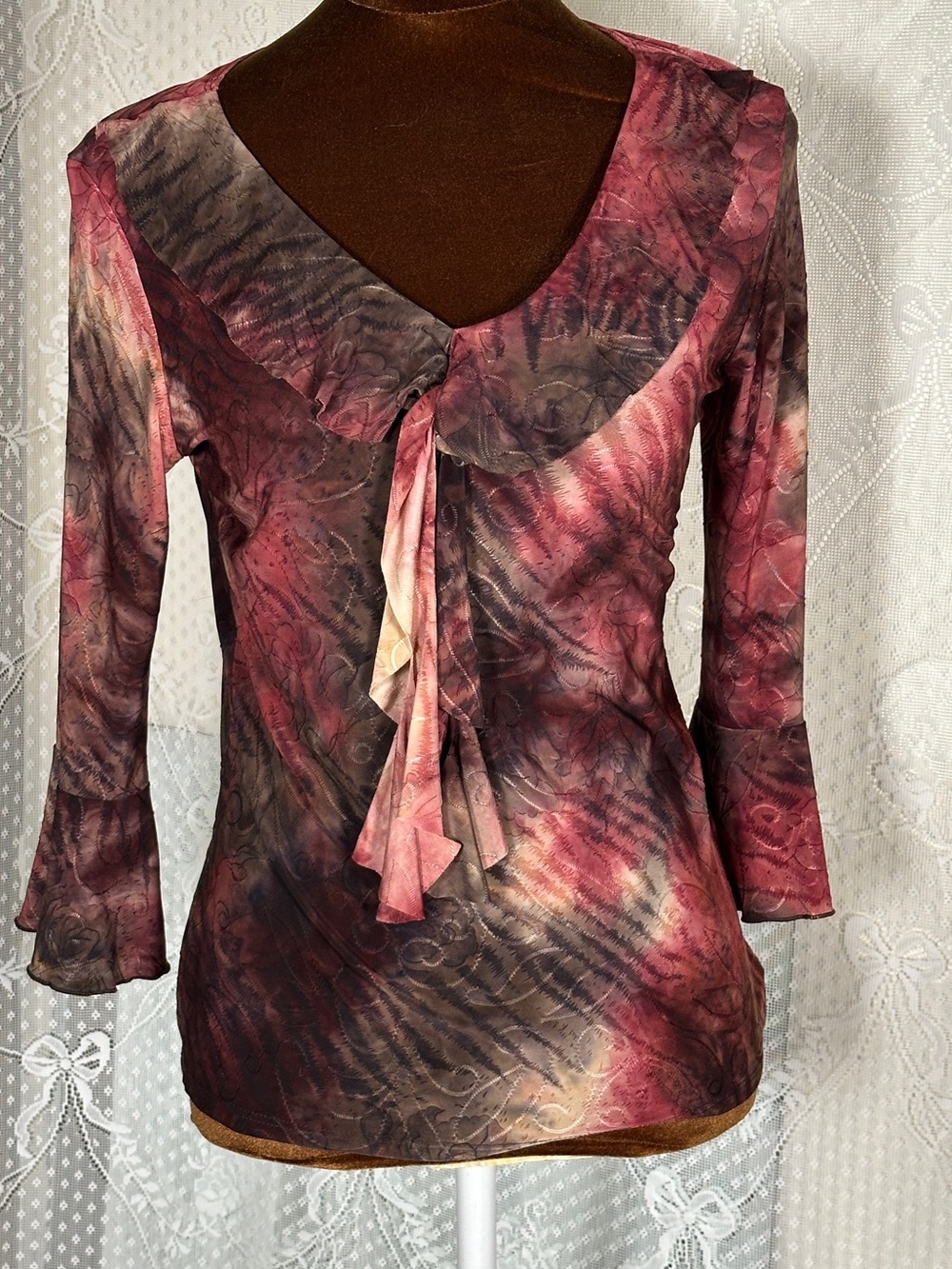 dressbarn Pink and Brown Tie-Dye Long Sleeve Blouse with Neck Tie